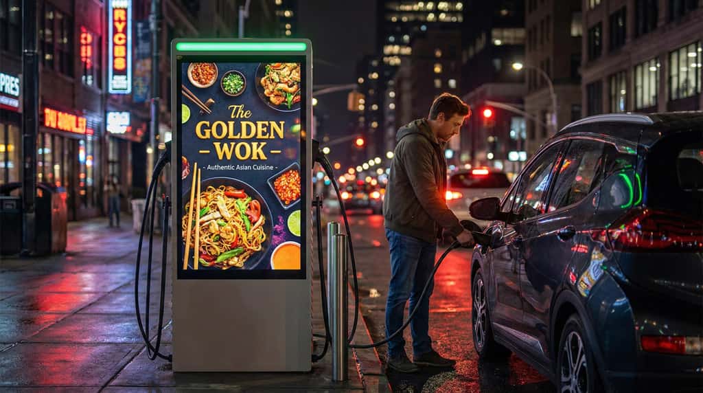 EV-charging-station-with-a-digital-advertising-screen-displaying-ads